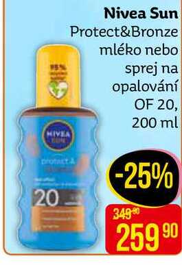 Nivea Sun Protect&Bronze mléko nebo sprej na opalování OF 20, 200 ml 