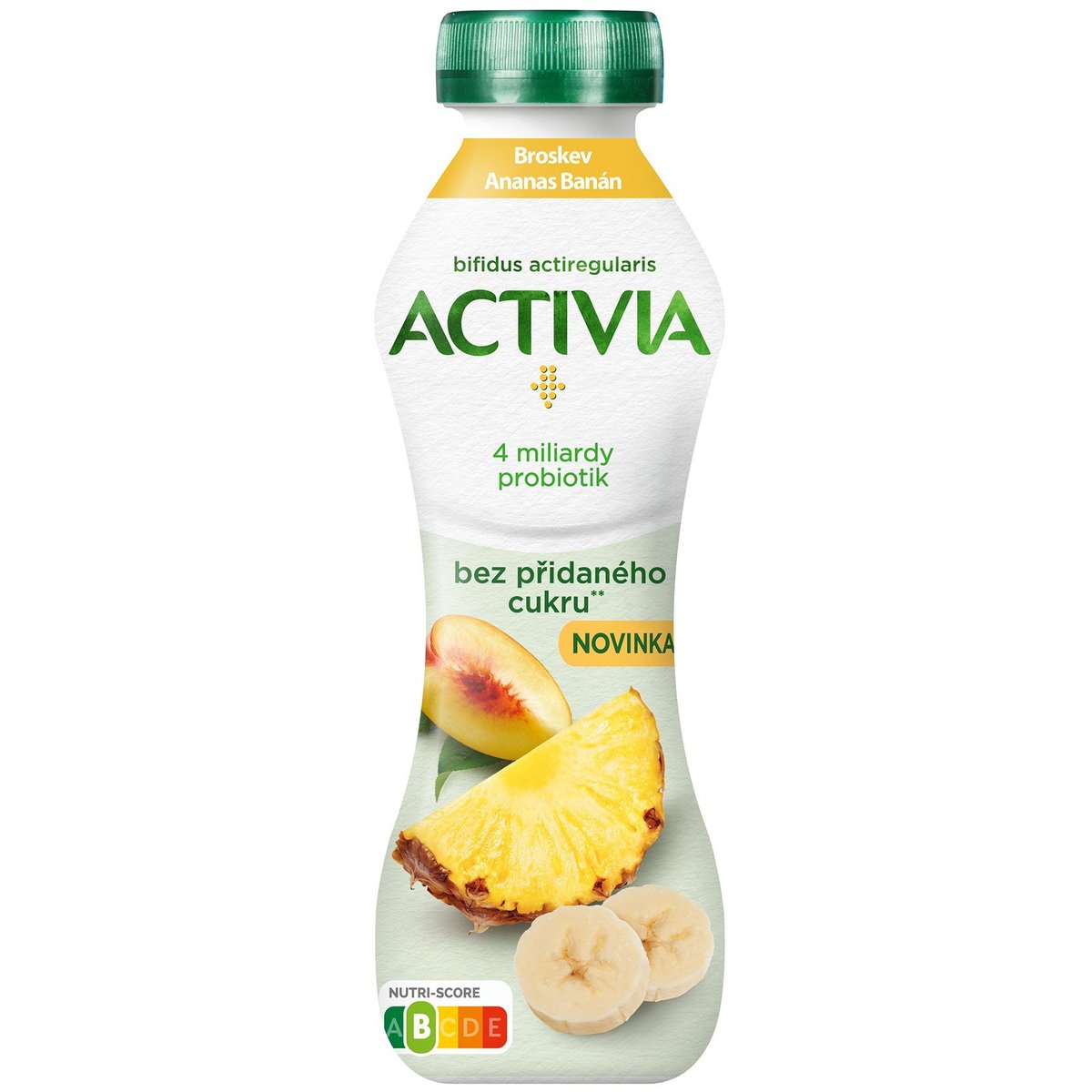 Activia Probiotický jogurtový nápoj broskev, ananas a banán bez přidaného cukru v akci