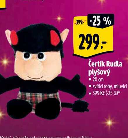 Čertík Rudla plyšový • 20 cm svíticí rohy, mluvicí