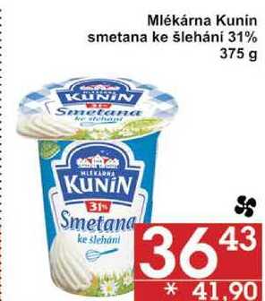 Mlékárna Kunin smetana ke šlehání 31%, 375 g  v akci