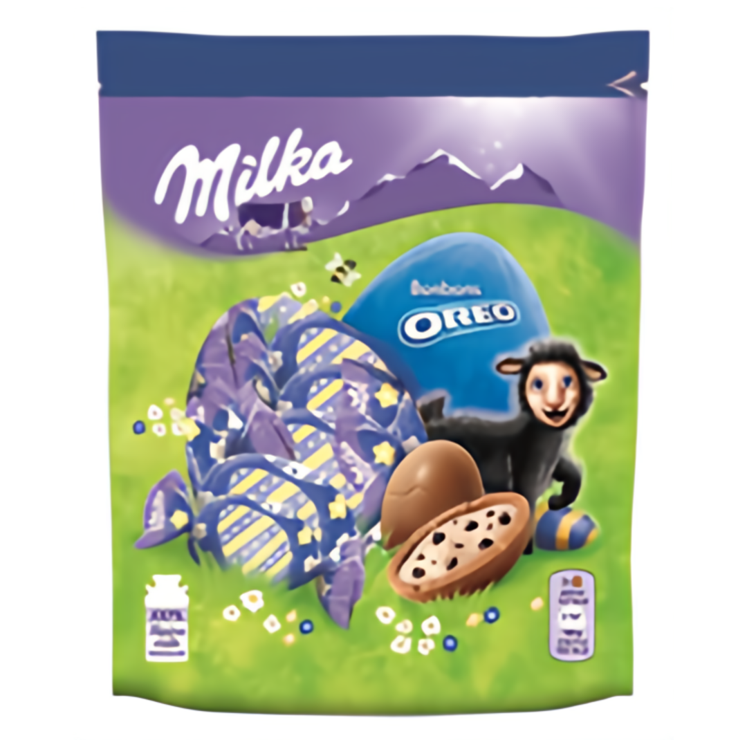 Milka Oreo vajíčka, mléčná čokoláda s mléčnou náplní a kousky Oreo sušenky