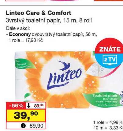 Linteo Care & Comfort 3vrstvý toaletní papír, 15 m, 8 rolí 
