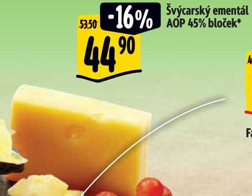 Švýcarský ementál AOP 45% bloček, cena za 100 g
