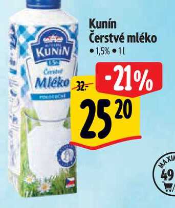   Kunín Čerstvé mléko 1,5%  1 l