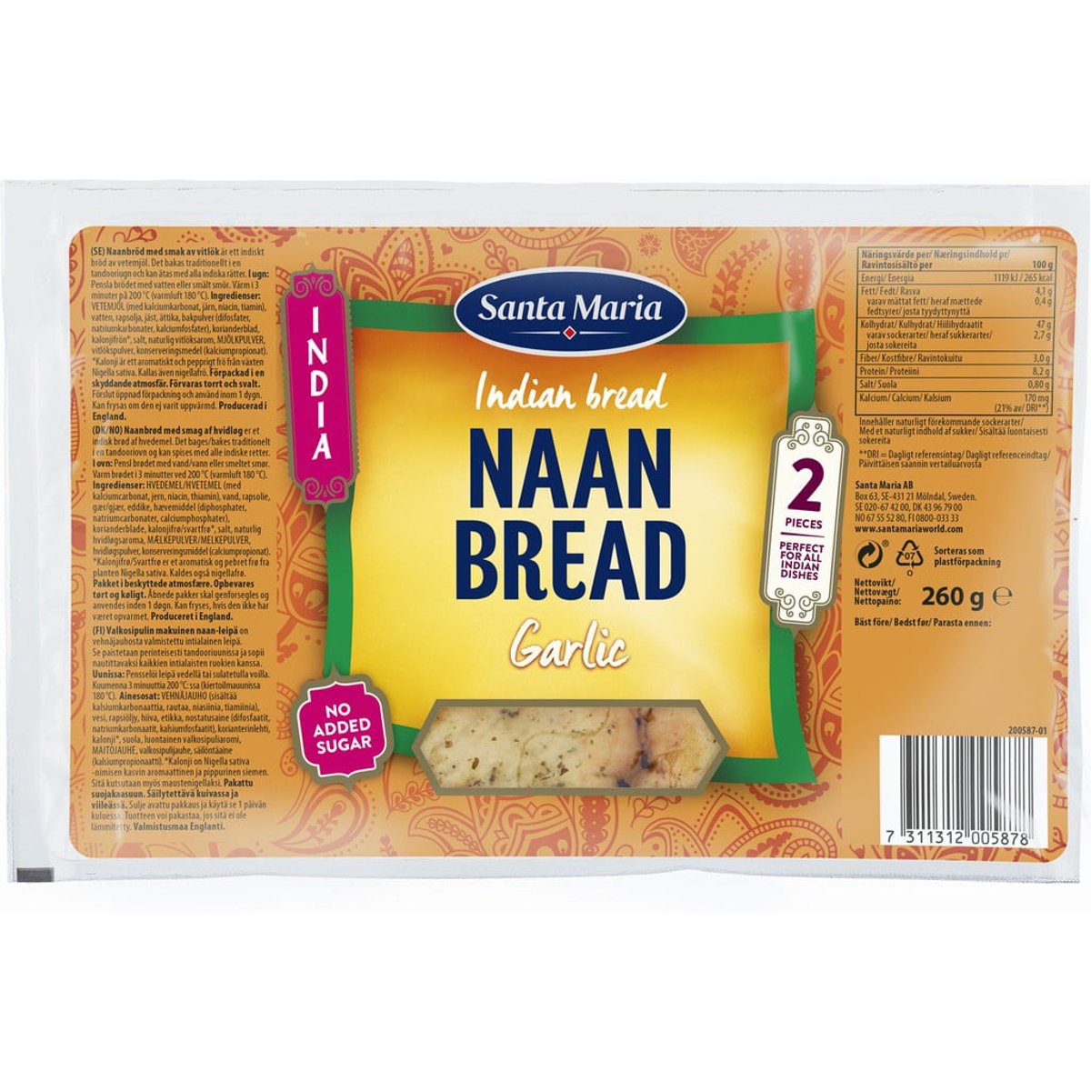 Santa Maria Naan indický chléb česnek 2ks