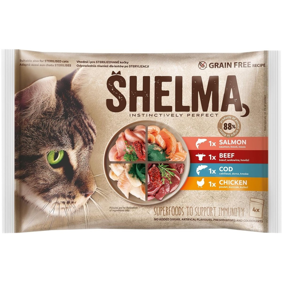 Shelma Bezobilné dušené filetky výběr z masa a ryb pro kočky 4×85 g