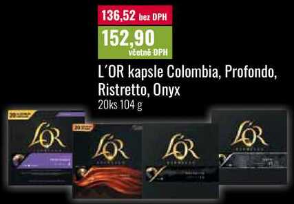 L'OR kapsle Colombia, Profondo, Ristretto, Onyx 20ks 104 g 