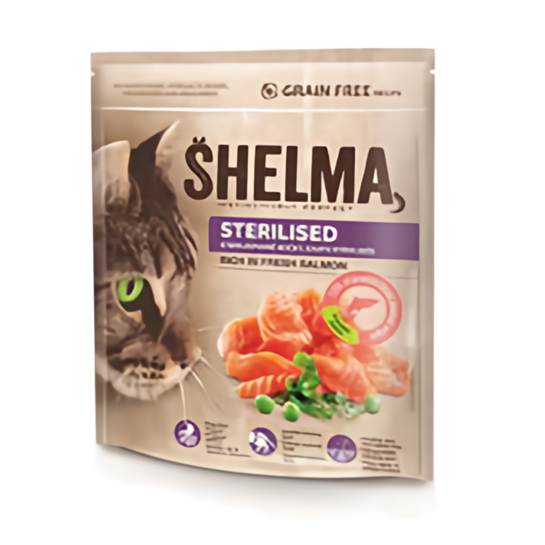 Shelma Sterilised Bezobilné granule s čerstvým lososem pro dospělé kočky
