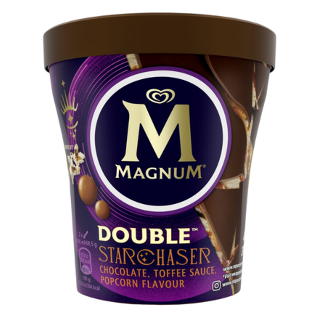 Magnum Double Starchaser Chocolate & Toffee Sauce & Popcorn Flavour zmrzlina v kelímku