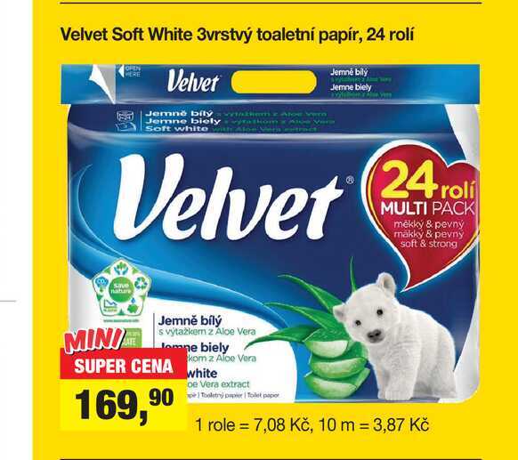 Velvet Soft White 3vrstvý toaletní papír, 24 rolí 