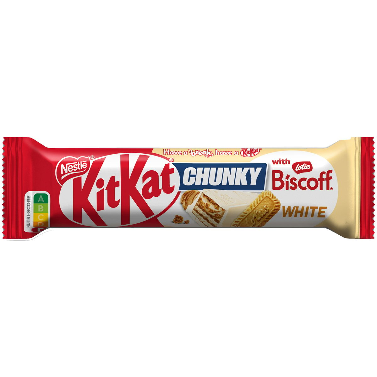 KitKat Chunky tyčinka s oplatkou v bílé polevě a náplní s kousky Biscoff sušenek