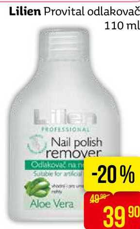 Lilien Provital odlakovač 110 mL Lillen PROFESSIONAL Nail polish remover Odlakovač na n -20% Suitable for artificial Aloe Vera 49.99 39 90 
