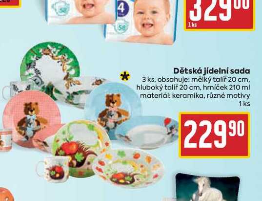 Dětská jídelní sada 3 ks, obsahuje: mělký talíř 20 cm, hluboký talíř 20 cm, hrníček 210 ml materiál: keramika