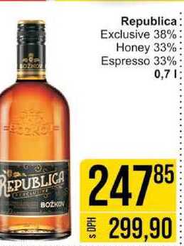 Republica: Exclusive 38% Honey 33% Espresso 33% 0,7l