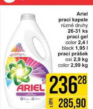 Ariel prací kapsle různé druhy 26-31 ks praci gel color 2,4l black 1,95I prací prášek oxi 2,9 kg color 2,99 kg 
