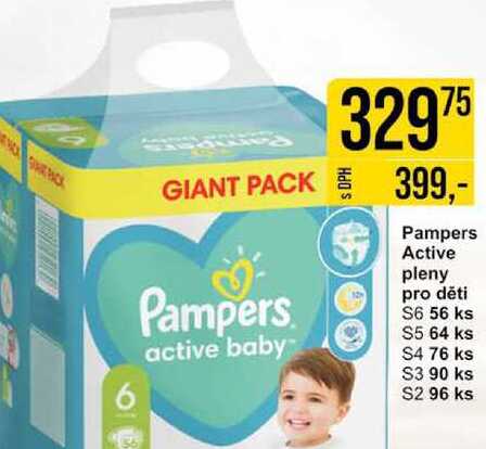 Pampers active baby Pampers Active pleny pro děti S6 56 ks S5 64 ks S4 76 ks 6 S3 90 ks S2 96 ks 