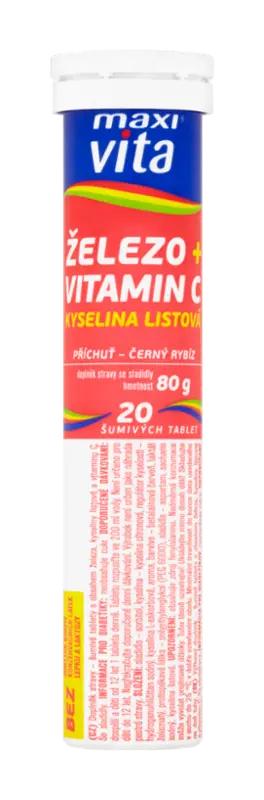 Maxi Vita Šumivé tablety železo + vitamín C + kyselina listová příchuť černý rybíz, doplněk stravy, 20 ks