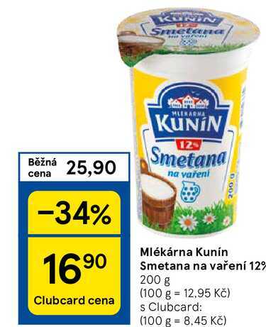 Mlékárna Kunín Smetana na vaření 12%, 200 g