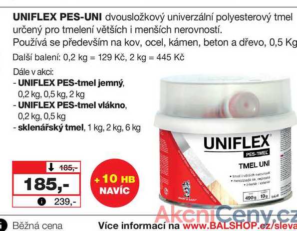 UNIFLEX PES-UNI dvousložkový univerzální polyesterový tmel určený pro tmelení větších i menších nerovností. Používá se především na kov, ocel, kámen, beton a dřevo, 0,5 Kg 