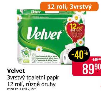 Velvet 3vrstvý toaletní papír 12 rolí, různé druhy 