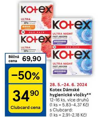 Kotex Dámské hygienické vložky, 12-16 ks