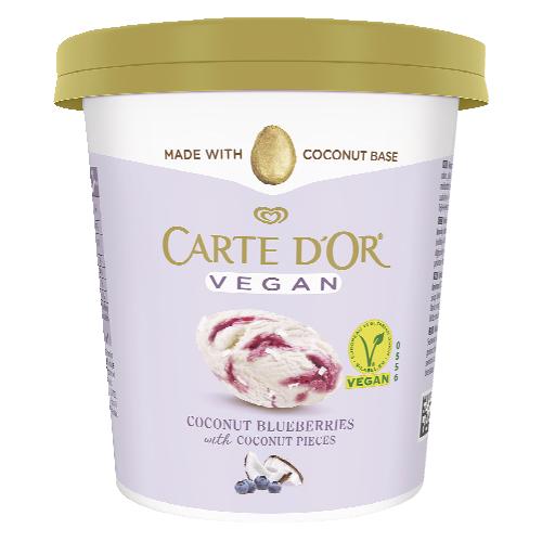 Carte d´Or Veganská zmrzlina kokosová s borůvkovou polevou a kousky kokosu, 465 ml