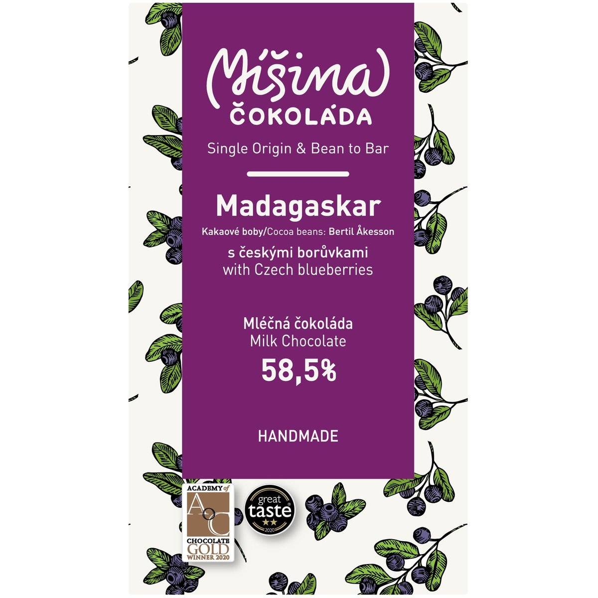 Míšina čokoláda Mléčná čokoláda Madagaskar 58,5% s českými borůvkami