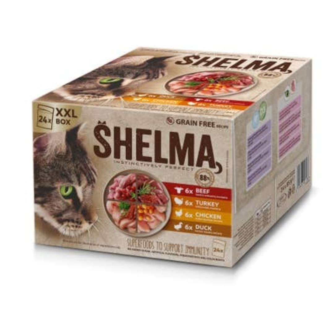 Shelma dušené filetky pro kočky bez obilovin, s čerstvým masem 24x85g