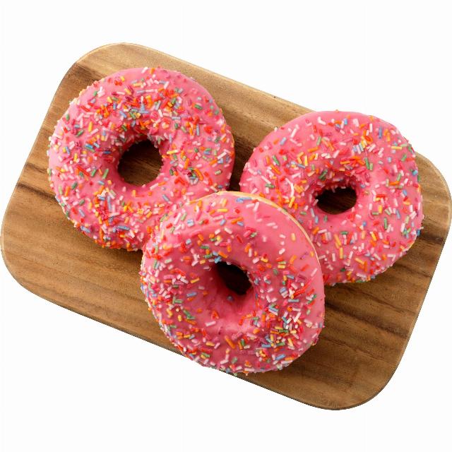 Donut s jahodovou příchutí a barevným posypem
