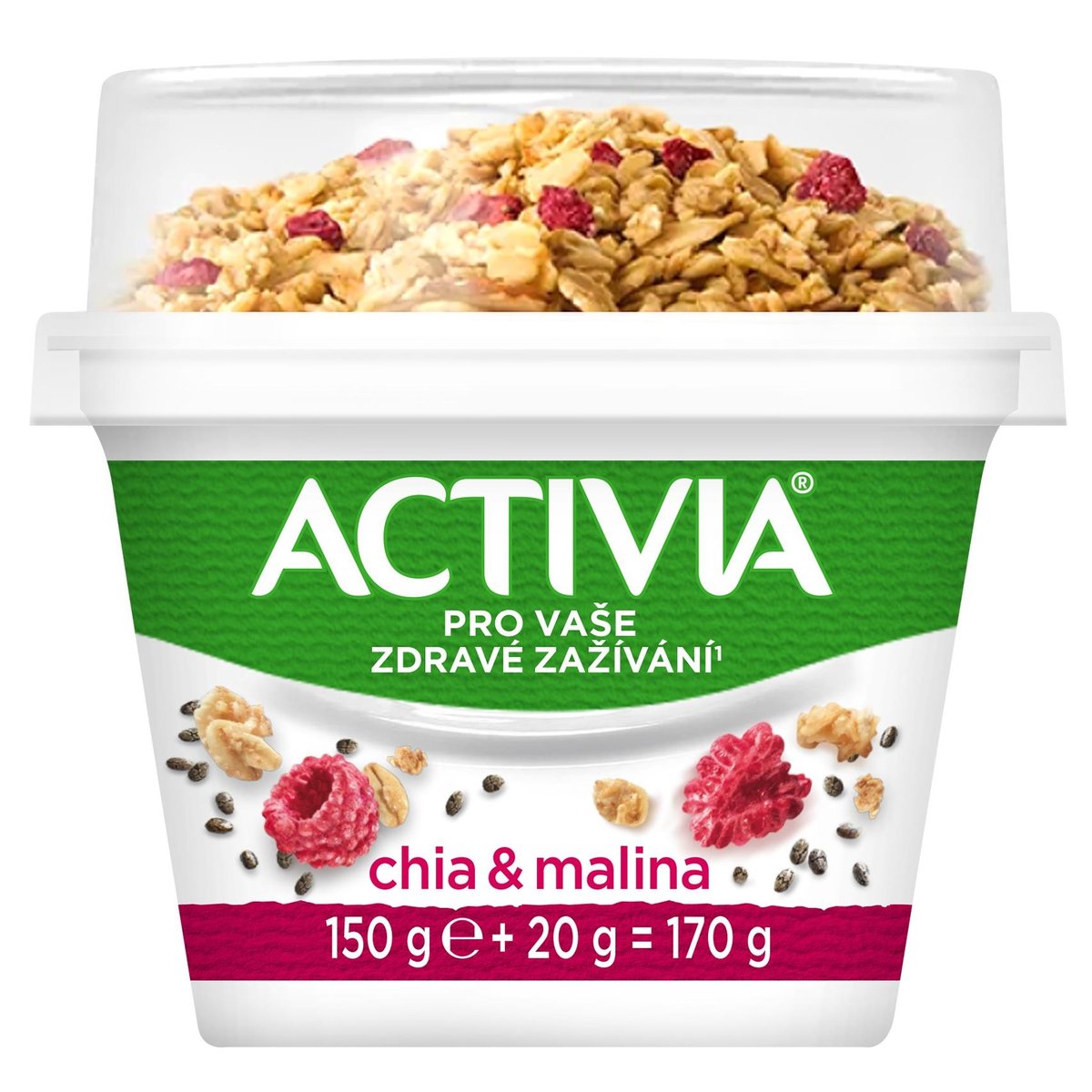 Activia Bílý jogurt s granolou s chia semínky a malinami