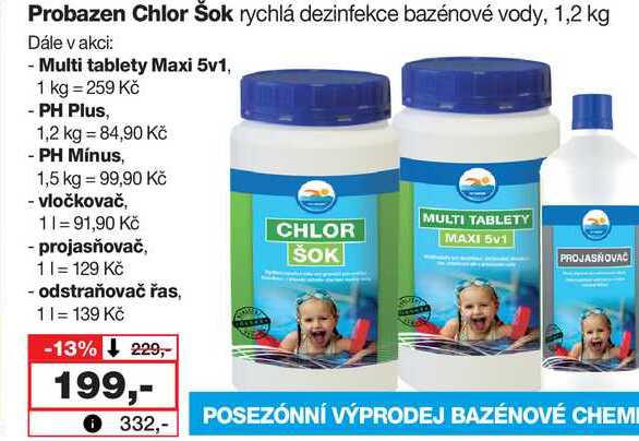 Probazen Chlor Šok rychlá dezinfekce bazénové vody, 1,2 kg
