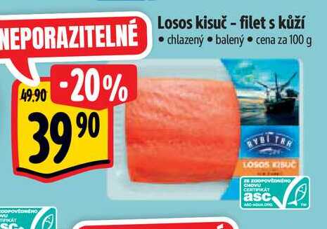 Losos kisuč - filet s kůží, cena za 100 g 