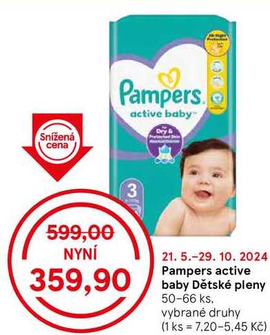 Pampers active baby detské pleny, 50- 66 ks