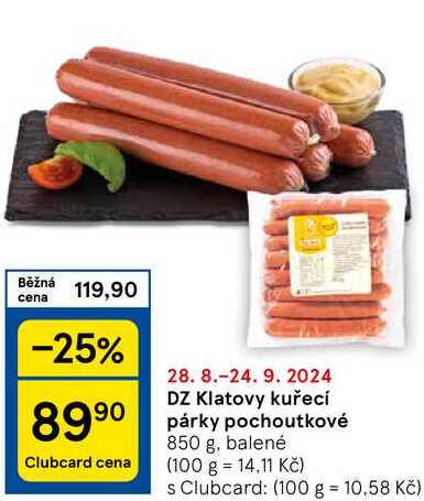 DZ Klatovy kuřecí párky pochoutkové, 850 g, balené