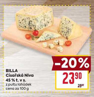 BILLA Císařská Niva 45% t. vs. z pultu lahůdek cena za 100 g 