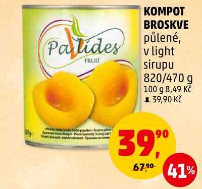 KOMPOT BROSKVE půlené, v light sirupu, 820/470 g 