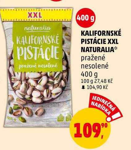 KALIFORNSKÉ PISTÁCIE XXL NATURALIA, pražené nesolené, 400 g 