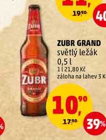 ZUBR GRAND světlý ležák, 0,5 l