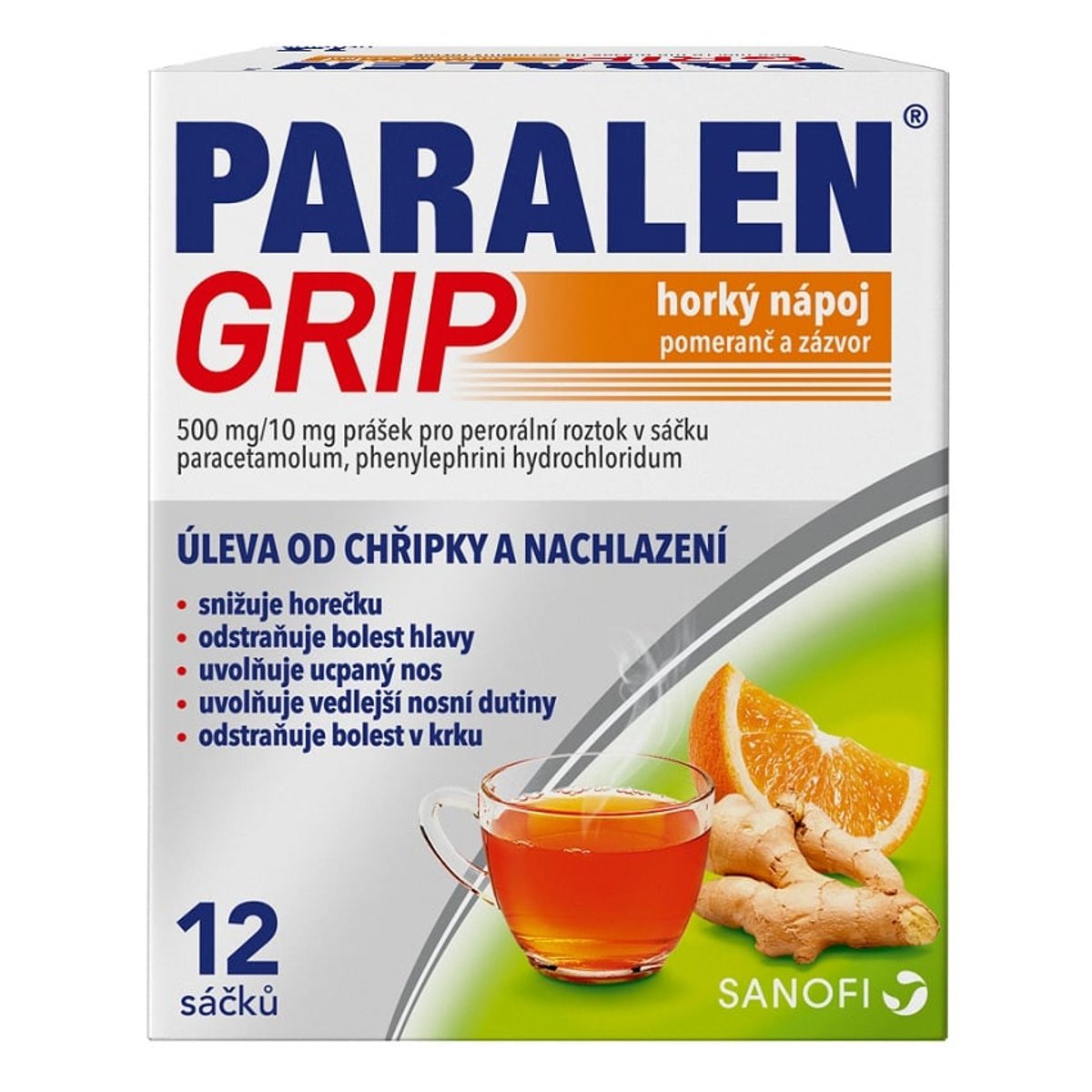 PARALEN GRIP HORKÝ NÁPOJ POMERANČ A ZÁZVOR 500MG/10MG Prášek pro perorální roztok v sáčku 12