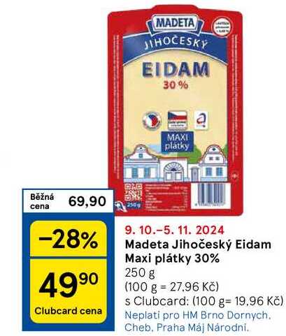 Madeta Jihočeský Eidam Maxi plátky 30%, 250 g 