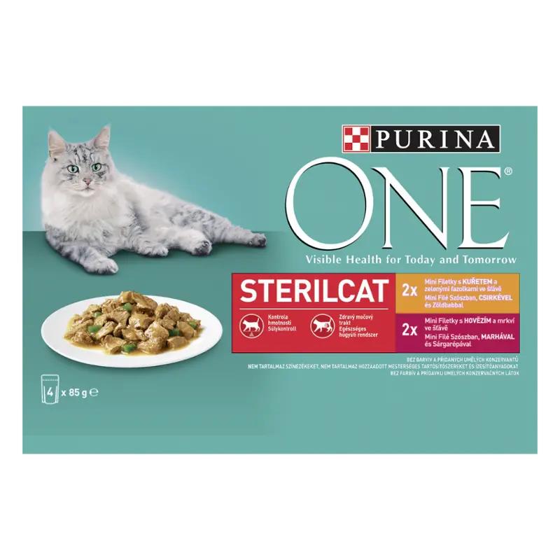 PURINA ONE Kapsička pro kočky Sterilcat s kuřetem a zelenými fazolkami, s hovězím a mrkví ve šťávě multipack 4x 85 g, 340 g