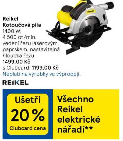 Reikel Kotoučová pila, 1400 W. 4 500 ot/min. vedení řezu laserovým paprskem