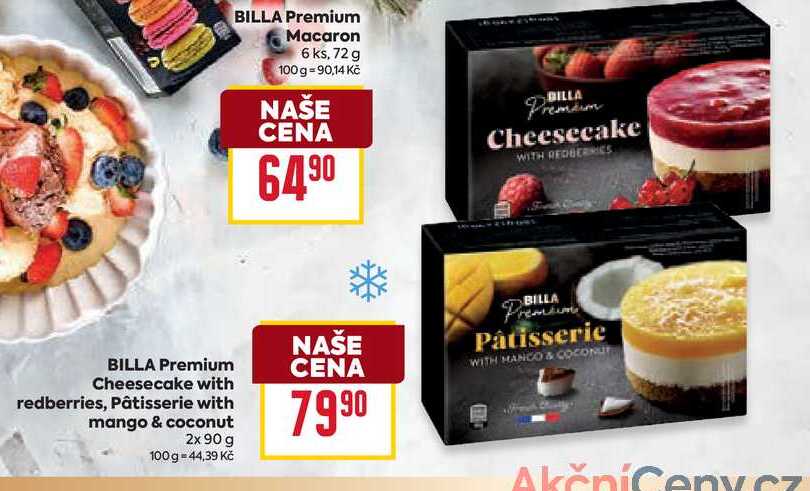 BILLA Premium Cheesecake with redberries, Pâtisserie with mango & coconut 2x 90 g