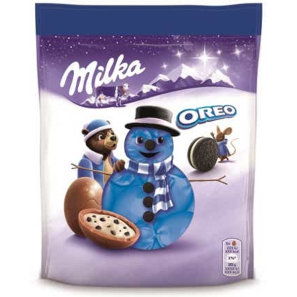 Milka Oreo bonbony, mléčná čokoláda s mléčnou náplní a kousky Oreo sušenky