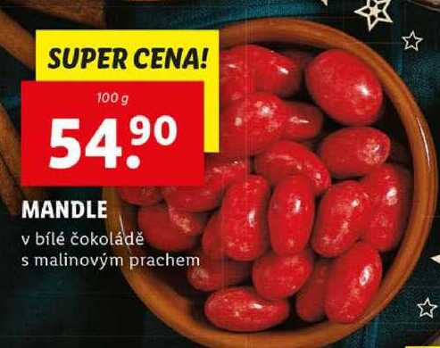 MANDLE v bílé čokoládě s malinovým prachem, 100 g