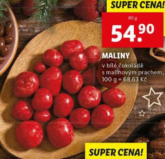 MALINY v bílé čokoládě s malinovým prachem, 80 g