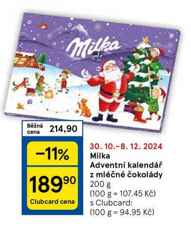 Milka Adventní kalendář z mléčné čokolády, 200 g