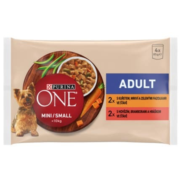 Purina ONE MINI Dog Adult Kuře a hovězí ve šťávě 4x85g