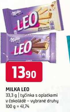 Milko leo 33,3 g tyčinka s oplatkami v čokoládě vybrané druhy 