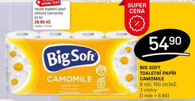 BIG SOFT TOALETNÍ PAPÍR CAMOMILE 8 rolí, 150 útržků, 3 vrstvý